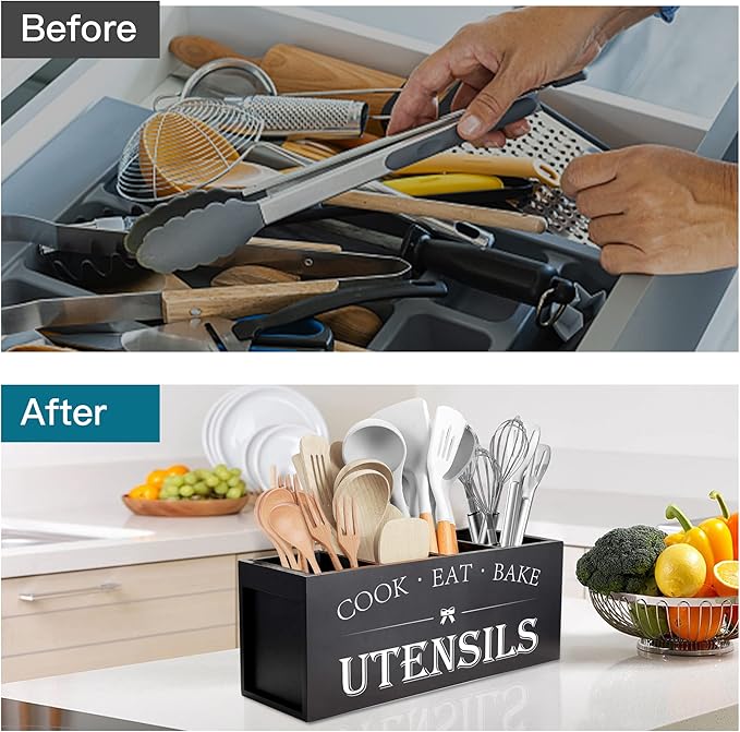 Suli Extra Large Kitchen Utensils Holder with 4 Compartments (Black)