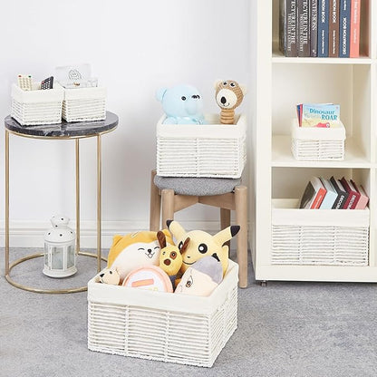 Vagusicc Wicker Storage Basket, 6 Pack Baskets for Organizing, Wicker Baskets with Handle, Rectangular Wicke Basket for Storage Shelves, Cube Storage Bins for Closet/Clothes/Dresser, White