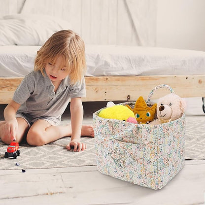 Storage Basket Boho Fabric Large Collapsible Floral Laundry Nursery Hamper Portable Folding Storage for Clothes Toys (Blue Floral)