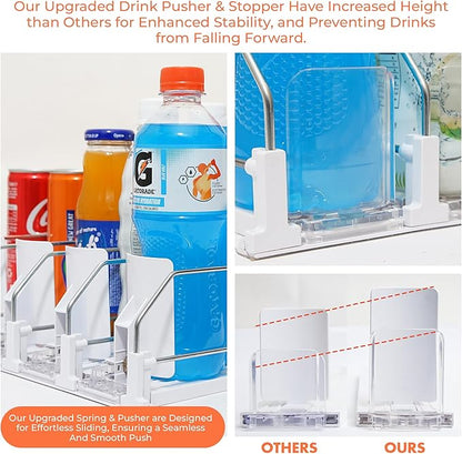 Upgraded Premium Drink Organizer for Fridge. Ultra Space Saving Soda Can Organizer for refrigerator with Larger Stopper Height and Automatic Pusher with Locking Feature. Holds 15 Cans (3 Rows, White)