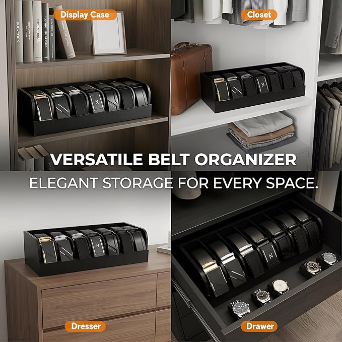 Belt Organizer, 7 Compartments Storage & Display Box for Closet Drawer, Holder Case for Ties and Belts, Bamboo Storage for Men Women (Black)