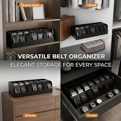 Belt Organizer, 7 Compartments Storage & Display Box for Closet Drawer, Holder Case for Ties and Belts, Bamboo Storage for Men Women (Black)