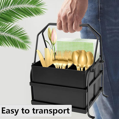 NelyBet Silverware Caddy Utensil Organizer With Handle, Outdoor Picnic and Camping Utensil Holder, Flatware Holder for Party Gatherings, Metal - Black