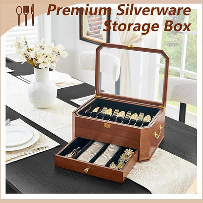 Silverware Storage Box, 3 Layers Wooden Silverware Box without Silverware, Flatware Storage Chest Case with Felt Lined Acrylic Lid and Handle for Kitchen Storing Fine Tableware, Walnut