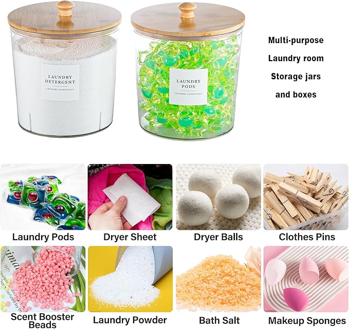 Laundry Room Organization Container, 2pcs Round Acrylic Laundry Pod Storage Containers, Dryer Sheet Holder Jars with Bamboo Lids and Labels for Scent Booster Powder Detergent Pods Storage