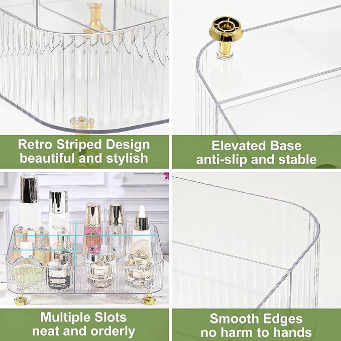 DASITON Makeup Organizer Countertop for Vanity, 5 Slots Makeup Brush Holder Organizer, Vintage Makeup Perfume Tray Cosmetic and Skincare Organizers for Bedroom Bathroom Counter, Desk Storage (Clear)