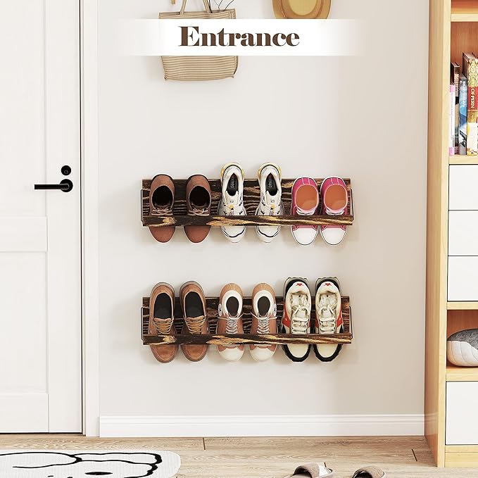 Nisorpa 2 Pcs Wall Mounted Shoe Rack Rustic Burnt Wood, Wall Hanging Shoe Rack Mounted, Shoes Storage Organizer Footwear Holder for Entryways Closet Mudroom Hallways, 30 Inch, Holds 3 Pairs