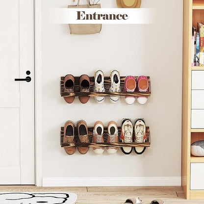 Nisorpa 2 Pcs Wall Mounted Shoe Rack Rustic Burnt Wood, Wall Hanging Shoe Rack Mounted, Shoes Storage Organizer Footwear Holder for Entryways Closet Mudroom Hallways, 30 Inch, Holds 3 Pairs