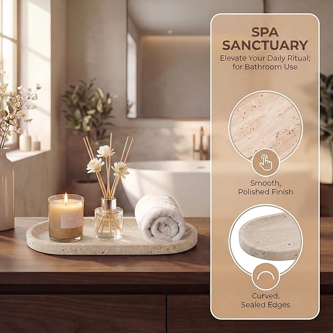 YKAJO Oval Real Marble Tray for Bathroom Kitchen Counter Stone Decorative Vanity Tray for Dresser Perfume Heavy Catchall Organizer for Soap Jewelry (Natural Travertine Beige, 11.8" x 5.9")