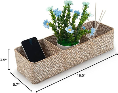 DOKOT Whitewash Seagrass Toilet Tank Basket with 3 Section, Toilet Paper Basket for Bathroom Organizing, Storage Basket for Kitchen, Dresser (16.5x5.7x3.5 inch)
