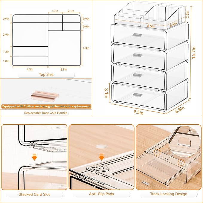 Yieach Clear Acrylic Makeup Organizers Countertop for Dresser,Desk,Bathroom Vanity,5Tier Stackable Make up Holders and Makeup Cabinet,Tiered Cosmetic Storage and Make up Containers for Palette,Brush