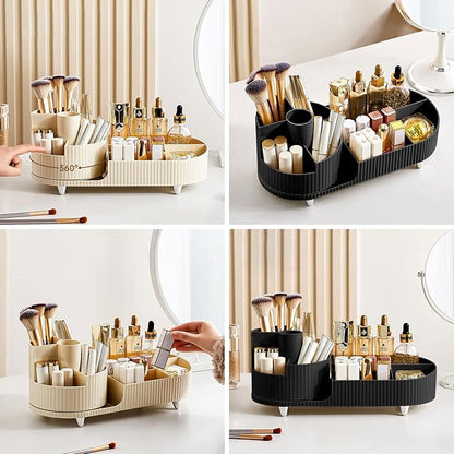 DASITON Large Capacity Makeup Brush Holder,360° Rotating Makeup Organizer,5 Slot Makeup Brushes Cup,for Vanity Decor,Bathroom Countertops,Desk Storage Container,Cosmetic Display cases(Cream-S)