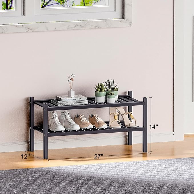 ROMGUAR CRAFT 2 Tier (Thick) Bamboo Shoe Rack for Closet Free Standing Wood Shoe Shelf for Entryway Small Space Stackable 27"x12"x14" (Black)