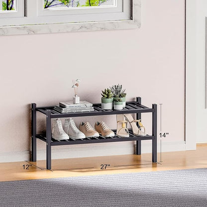 ROMGUAR CRAFT 2 Tier (Thick) Bamboo Shoe Rack for Closet Free Standing Wood Shoe Shelf for Entryway Small Space Stackable 27"x12"x14" (Black)