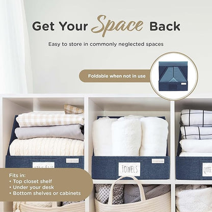 VIVIDECOR Open Front Trapezoid Storage Bins 12x12x10 – Easy Access Closet Shelf Organizer for Clothes, Towels, Fabric Baskets – Navy Blue, 3 Pack