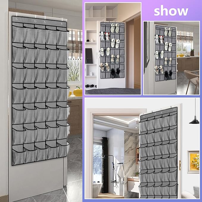 homyfort 35 Large Pockets Over the Door Shoe Organizer, Extra Sturdy Oxford Fabric Hanging Shoe Rack for Door Closet, Wall Mesh Shoe Storage Holder for Mens Women Shoes (Grey)
