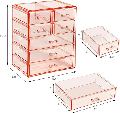 Sorbus Acrylic Makeup Organizer Set, 7-Drawer Vanity & Countertop Cosmetic Storage with Small & Wide Drawers, Pink Makeup Storage for Brushes, Lipsticks, Jewelry – Holiday Gift for Women & Teens