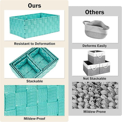 Woven Storage Baskets, Storage Bins, Cube Basket Container Baskets Storage Boxes Organizers for Clothes/Shelves/Closet, Set of 6 (Aqua)