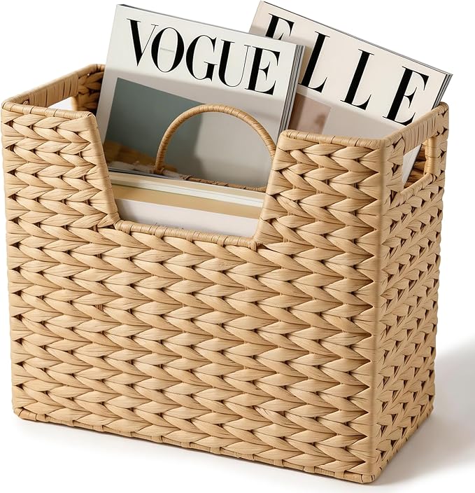 Wicker Magazine Basket with Handle, Water Hyacinth Magazine Holder with 2 Compartments, Handwoven Storage Basket for Books Files Newspapers