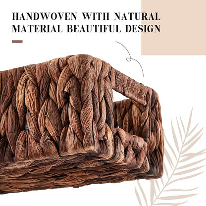 2 Pcs Toilet Paper Basket for Back of Toilet Wicker Water Hyacinth Basket Topper and Vanity Tray Set with Built-in Handles for Paper Hand Towel, Bathroom, Home, Spa(Dark Brown)