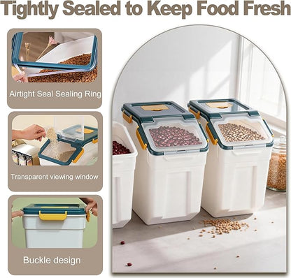 RUIAN Large Airtight Storage Container,25lb Flour Rice Storage Containers Bin with Wheels Seal Locking Lid, with Measuring Cup&Scoop for Flour, Rice, Grain (25lbt Blue,4PCS)