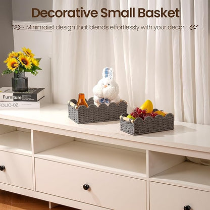 iEGrow Paper Rope Small Storage Baskets for Organizing, Set of 2 Scalloped Edge Wicker Basket with Wooden Handles Toilet Paper Basket for Over Toilet Storage Shelf, Home Decor, Living Room (Grey)