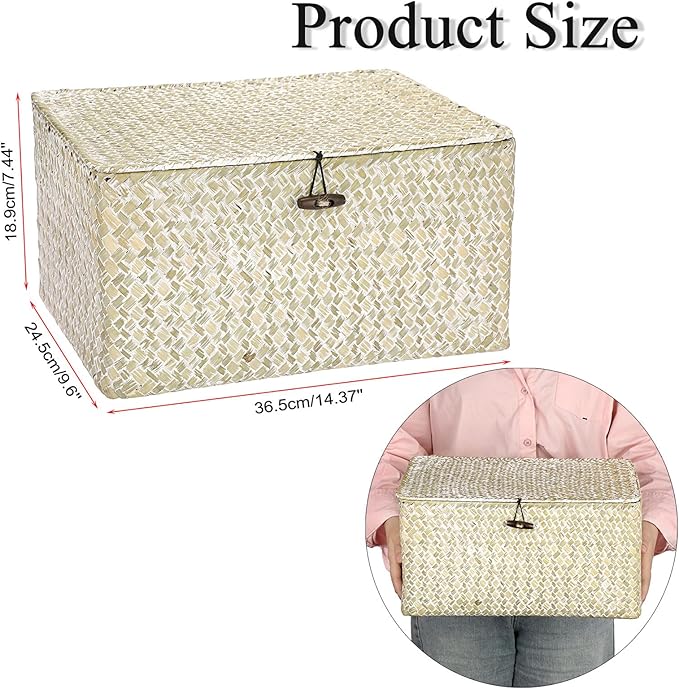 Hipiwe Wicker Shelf Baskets Bin with Lid, Large Natural Seagrass Basket Storage Bins Handwoven Rectangular Household Basket Boxes for Shelf Wardrobe Home Organizer and Decor, Whitewash
