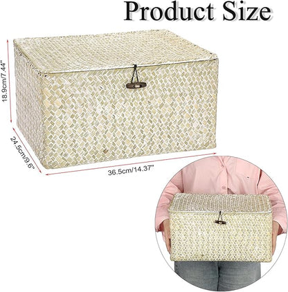 Hipiwe Wicker Shelf Baskets Bin with Lid, Large Natural Seagrass Basket Storage Bins Handwoven Rectangular Household Basket Boxes for Shelf Wardrobe Home Organizer and Decor, Whitewash