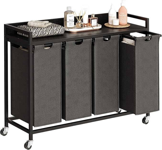 Herture Laundry Hamper with Shelf, Laundry Basket 4 Section, Laundry Sorter with Pull-Out Removable Large Bags and Movable Wheels, Metal Frame, 4 x 15.87 Gallons (60L), Black and Gray PF07XLB