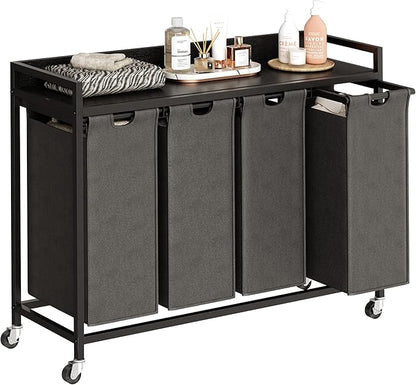 Herture Laundry Hamper with Shelf, Laundry Basket 4 Section, Laundry Sorter with Pull-Out Removable Large Bags and Movable Wheels, Metal Frame, 4 x 15.87 Gallons (60L), Black and Gray PF07XLB