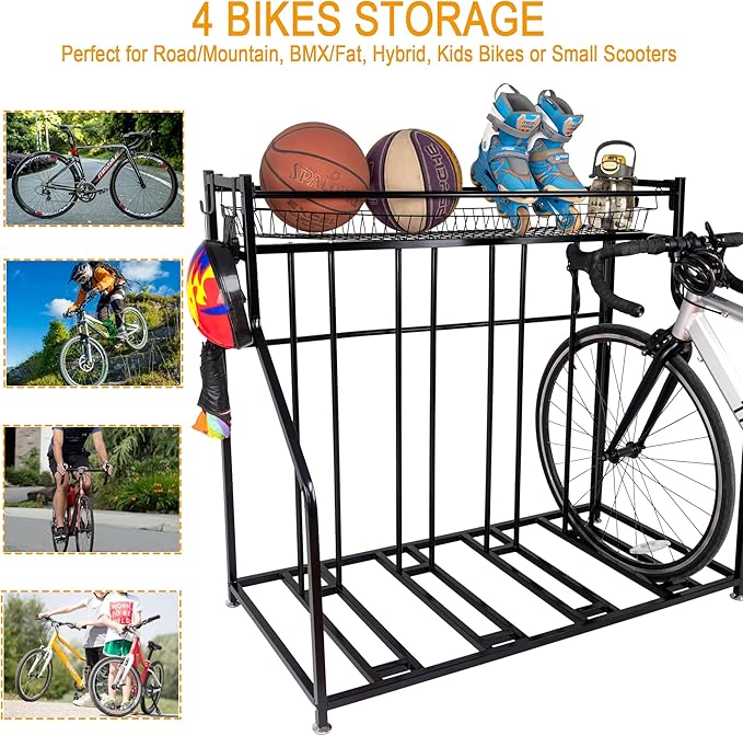 4 Bike Rack Garage,4 Bike Stand for Garage,4 Bike Storage Rack,With storage basket adjustable hooks black metal bike stand floor for most 3"- 4" tyres bikes (4 Grids)