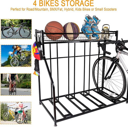 4 Bike Rack Garage,4 Bike Stand for Garage,4 Bike Storage Rack,With storage basket adjustable hooks black metal bike stand floor for most 3"- 4" tyres bikes (4 Grids)