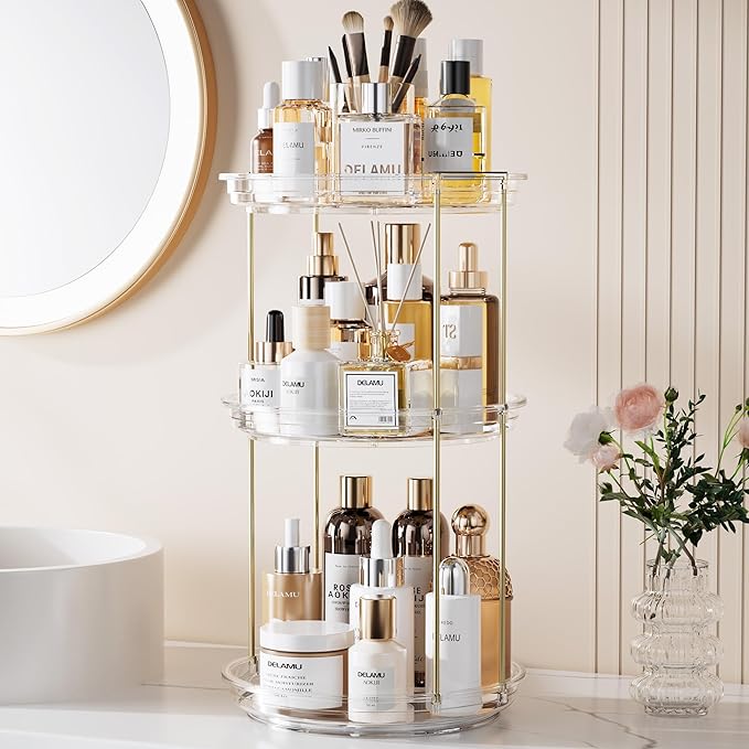 Delamu 3 Tier Rotating Makeup Organizer for Vanity, Bathroom Counter Organizer with Stackable Design, Spinning Skincare Organizer for Bathroom Countertop, Perfume Cosmetic Storage, Clear