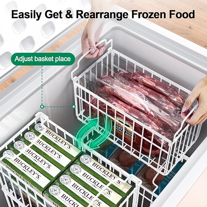 MSERCUOR Freezer Organizer Bins, 2 Pack Stackable Deep Chest Freezer Organizer Bins, Foldable Baskets with Handles, White Storage Container Baskets for 5/ 7 Cu.FT Sort Frezen Meats