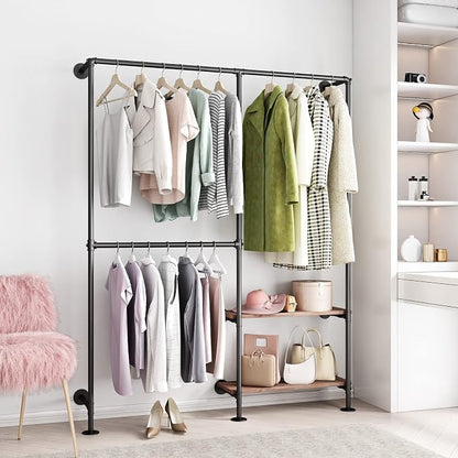 Industrial Pipe Clothes Racks with Black Shelves, Industrial Pipe Black Clothing Rack with Double Hanging Rods, Heavy Duty Wall Mounted Clothing Rack Rod for Closet Storage, Bedroom