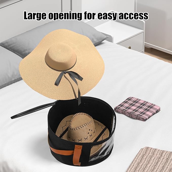 Veki Hat Organizer, Hat Box for Women Storage, Large Clear Felt Hats Box, Wide Brim Cowboy Hats Storage Boxes for Men, Round Brim Cap Boxes With Dustproof Lid for Travel and Wardrobe (Black)