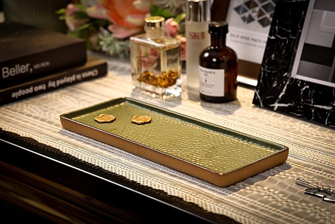 Vanity Tray with Brown Trim, Candle and Bathroom Organizer, Perfume Holder, Decorative Countertop Tray for Dresser, Table, Home Decor, Rectangular, Green, 12"4.7"