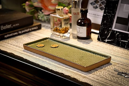Vanity Tray with Brown Trim, Candle and Bathroom Organizer, Perfume Holder, Decorative Countertop Tray for Dresser, Table, Home Decor, Rectangular, Green, 12"4.7"