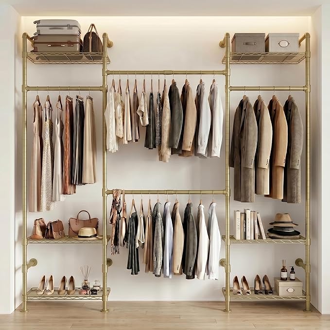 Wall Mounted Closet System – Adjustable Clothing Rack with 4 Expandable Rods & 6 Shelves, Heavy Duty Industrial Pipe Clothes Rack for Closet Organizer and Storage, Gold