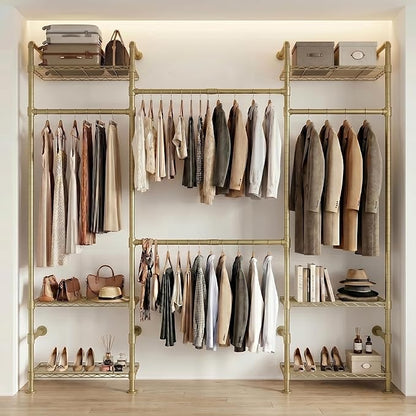 Wall Mounted Closet System – Adjustable Clothing Rack with 4 Expandable Rods & 6 Shelves, Heavy Duty Industrial Pipe Clothes Rack for Closet Organizer and Storage, Gold
