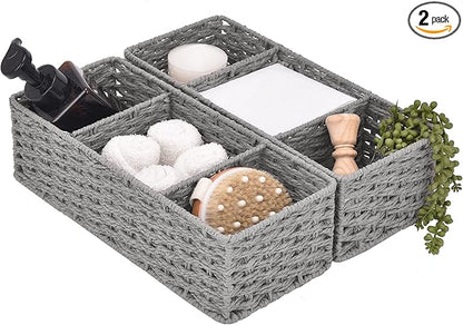 StorageWorks 3-Section Wicker Baskets for Shelves, Hand-Woven Round Paper Rope Storage Baskets, Gray, 2-Pack