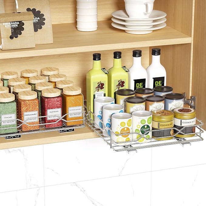 BOIVSHI Spice Rack Organizer for Cabinet, Heavy Duty Pull Out Spice Rack, Metal 1 Tier Spice Organizer for Cabinet, Kitchen, Pantry, Chrome, 8.5”W x 10.5”D x 2.3”H