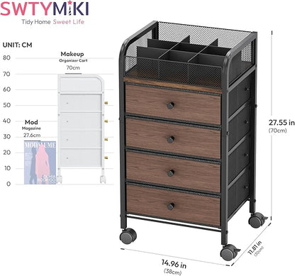 SWTYMIKI Rolling Makeup Organizer Cart - 14.96″*11.81″*27.55″ Widened Under Desk Vanity Storage with 4 Non-woven Drawers, Cosmetic Display Cases for Skin Care Perfume Nail Polish Brush Hair Tool Black