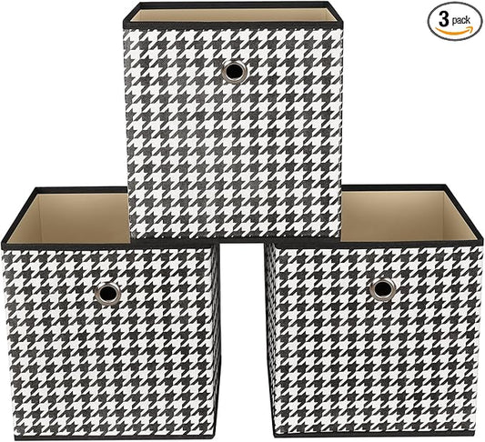 Foldable Storage Cubes Bins,11 Inch Cloth Storage Cube Fabric Storage Box Cubes Organizer Baskets with Dual Handles for Home Organizer Set of 3 (Houndstooth)