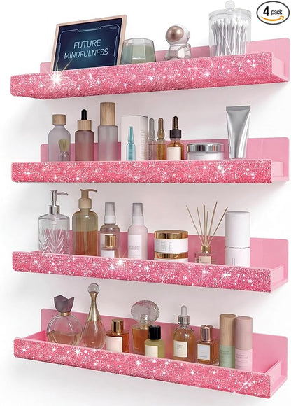 4 Pack 15 Inch Nail Polish Organizer，Diamond Crystal Rhinestone Acrylic Nail Polish Organizer，Sunglasses Essential Oil Picture Display Storage Pink