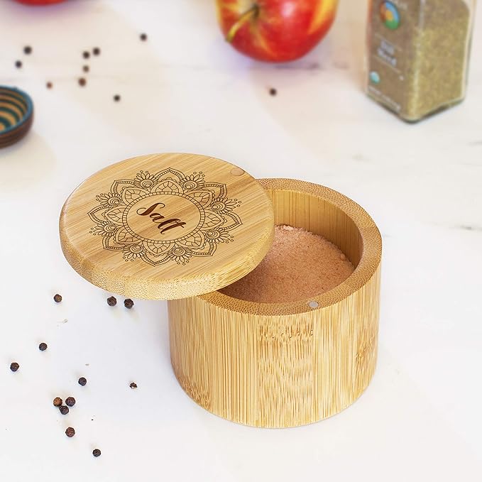 Totally Bamboo Salt Cellar Bamboo Storage Box with Magnetic Swivel Lid, 6 Ounce Capacity, Mandala Flower Engraved on Lid