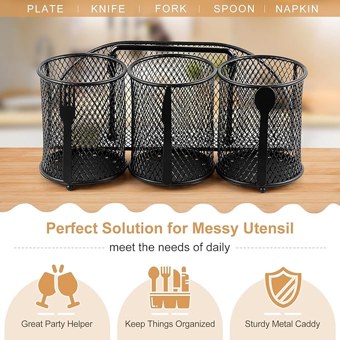 DTICON Utensil Organizer Silverware Caddy - Utensil Holder for Party Metal Cutlery Organizer Silverware Storage for Picnic Camping Buffet Kitchen Table (Black)