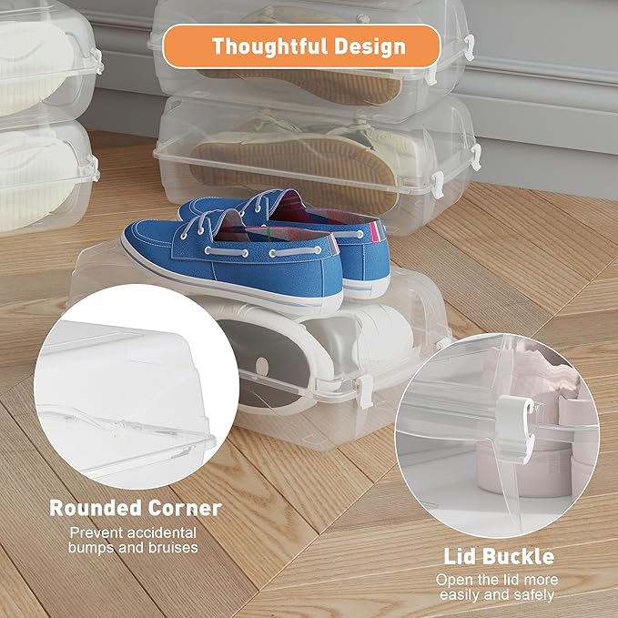 Shoe Organizer for Closet, 4 Pack Plastic Shoe Storage Boxes, Space Saving Stackable Shoe Storage Bins, Sneaker Storage Containers with Clear Lids for Display, White