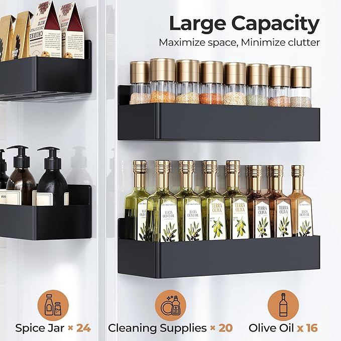 Mystozer Magnetic Spice Rack for Refrigerator, Kitchen Organizer and Storage Shelf, Black (4 Pack)…