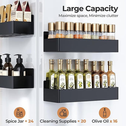 Mystozer Magnetic Spice Rack for Refrigerator, Kitchen Organizer and Storage Shelf, Black (4 Pack)…